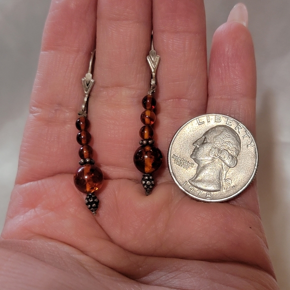Vintage Amber Sterling Drop Earrings - Picture 2 of 2